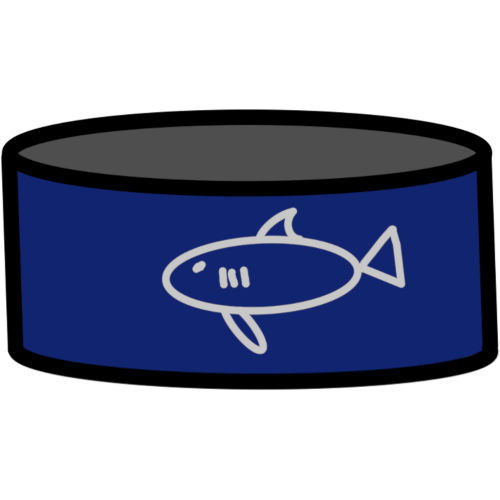 A drawing of a can of fish meat. The can is a small circle it has blue sides and a gray top. There is a white drawing of a fish on the front of the can